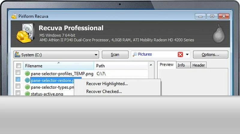Recuva scan results showing recoverable files
